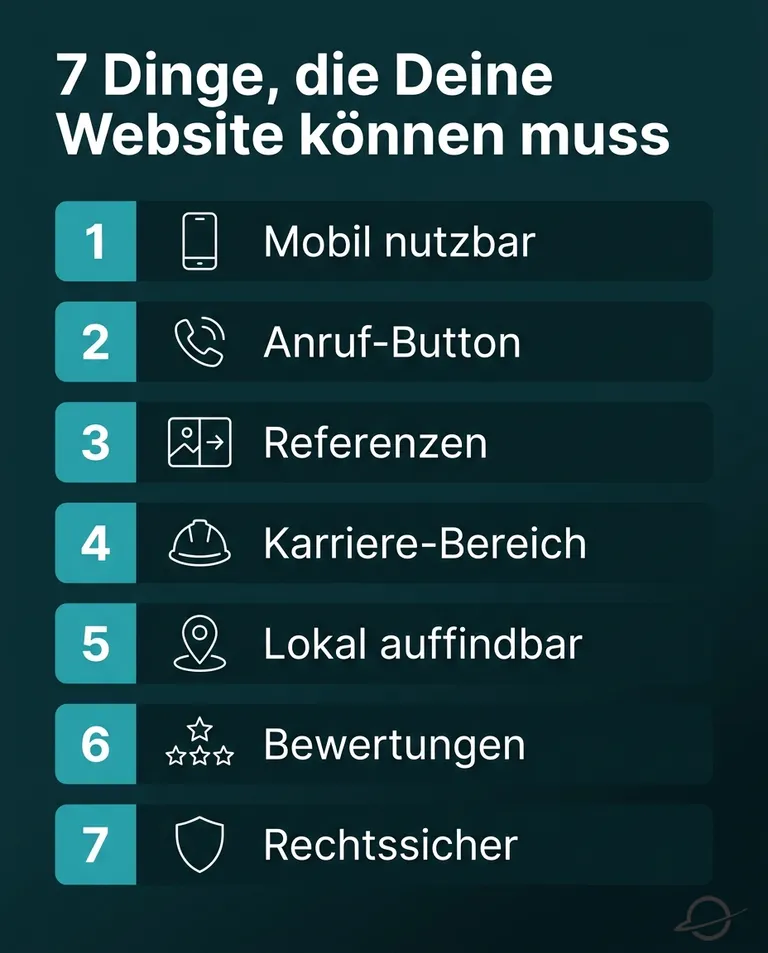 Die 7 Pflicht-Elemente einer Handwerker-Website: mobile Nutzbarkeit, Anruf-Button, Referenzen, Karriere-Bereich, lokale Auffindbarkeit, Bewertungen und Rechtssicherheit