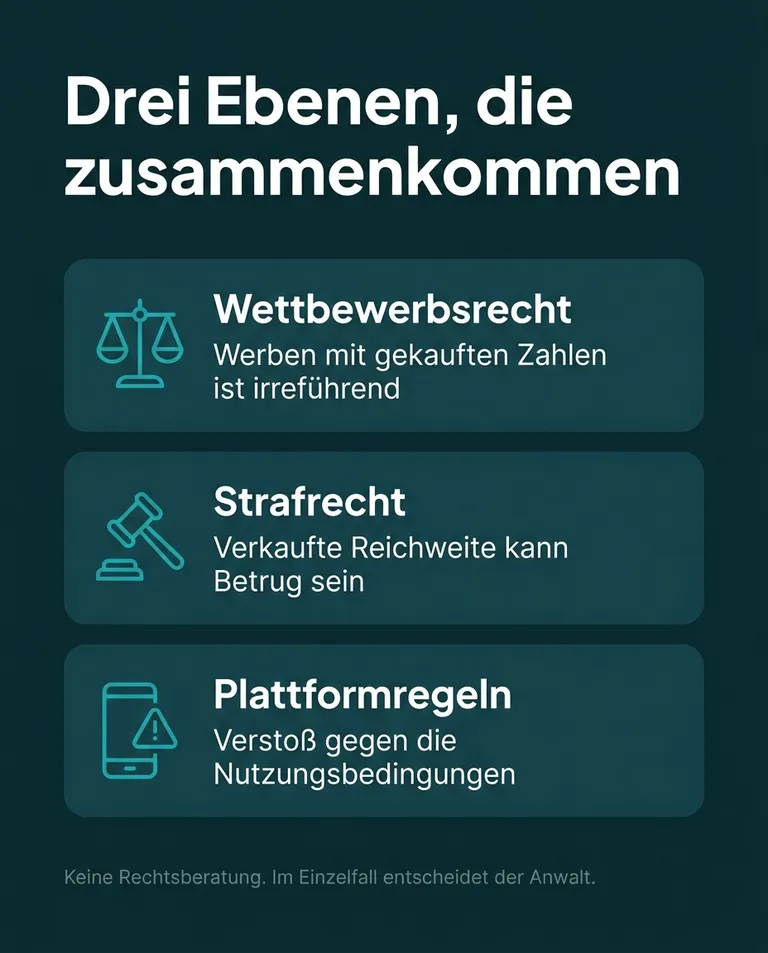 Rechtliche Folgen gekaufter Follower: Irreführung nach UWG, möglicher Betrug nach Paragraf 263 StGB und Verstoß gegen die Plattformregeln