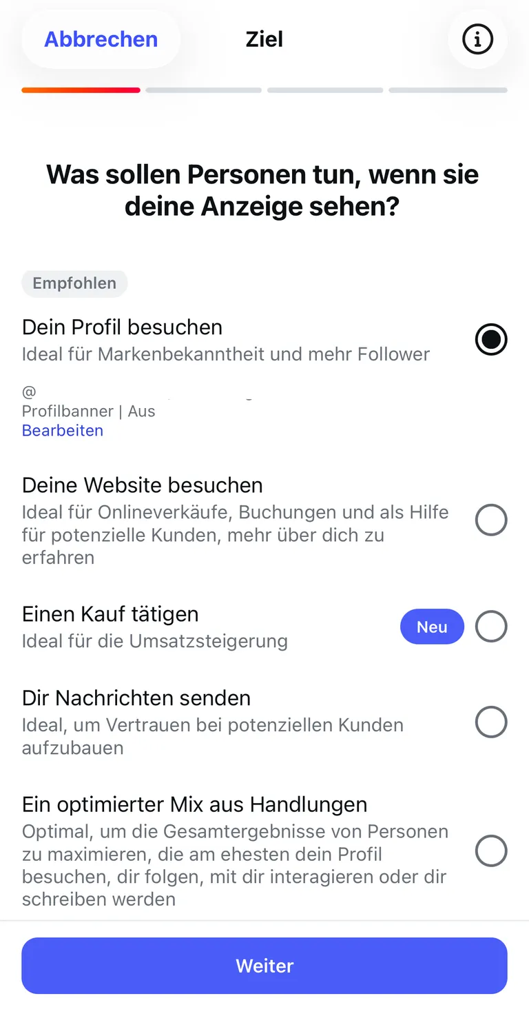 Zielauswahl beim Bewerben eines Beitrags in der Instagram-App mit den Optionen Profil besuchen, Website besuchen, Kauf und Nachrichten
