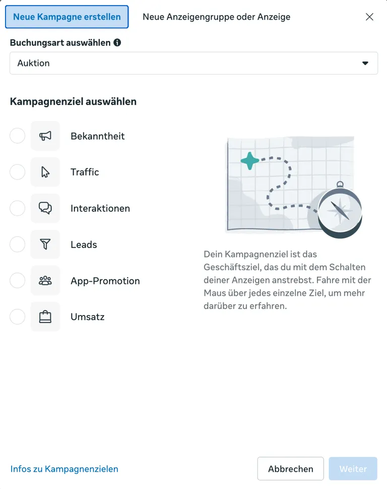 Auswahl des Kampagnenziels im Meta-Werbeanzeigenmanager mit Bekanntheit, Traffic, Interaktionen, Leads, App-Promotion und Umsatz