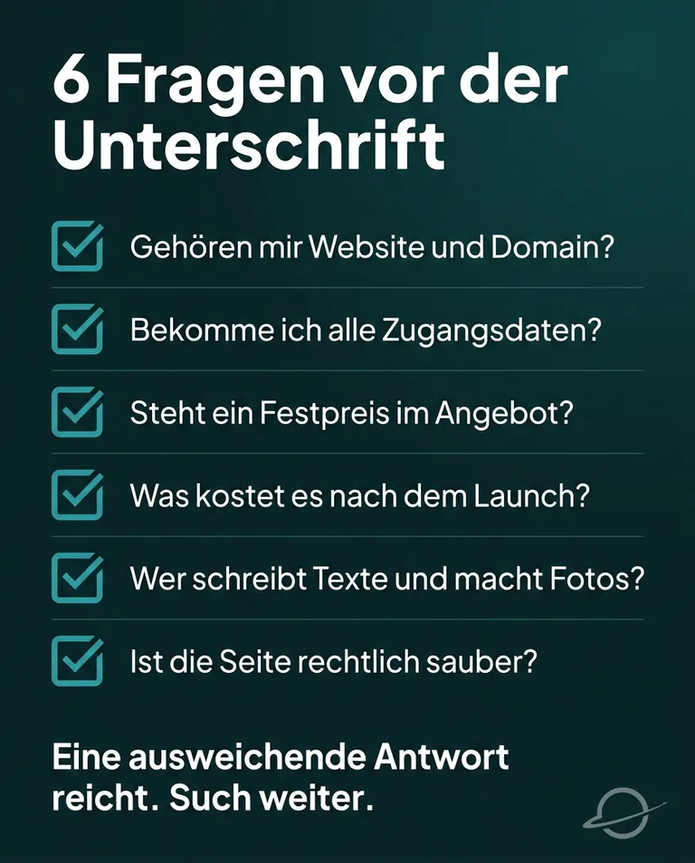 Checkliste für Website-Angebote: sechs Fragen zu Eigentum, Zugangsdaten, Festpreis, Folgekosten, Inhalten und Rechtssicherheit