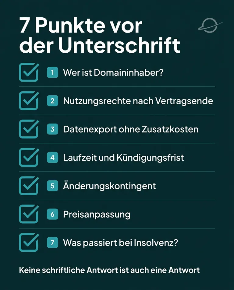 Sieben Vertragspunkte beim Mieten einer Website: Domain-Inhaber, Nutzungsrechte, Datenexport, Laufzeit, Änderungskontingent, Preisanpassung und Anbieterinsolvenz