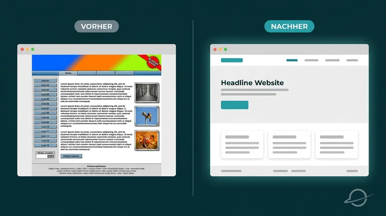 Vergleich zweier Website-Layouts: links eine überladene Seite aus den frühen 2000ern, rechts eine aufgeräumte Seite mit klarem Aufbau und sichtbarer Handlungsaufforderung