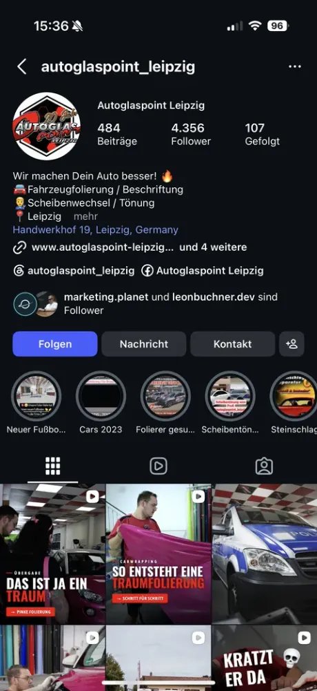 Instagram-Profil von AutoglasPoint Leipzig: 4.356 Follower, gebrandete Fahrzeuge und Reels