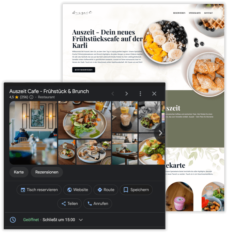 Restaurant Website erstellen lassen - Beispiel Bild der Website und Google Maps