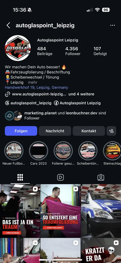 Instagram-Profil von AutoglasPoint Leipzig: 4.356 Follower, gebrandete Fahrzeuge und Reels